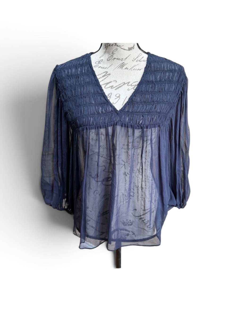 NWT Unsubscribed 100% Silk Billowy Blouse in Night Sea Sz M